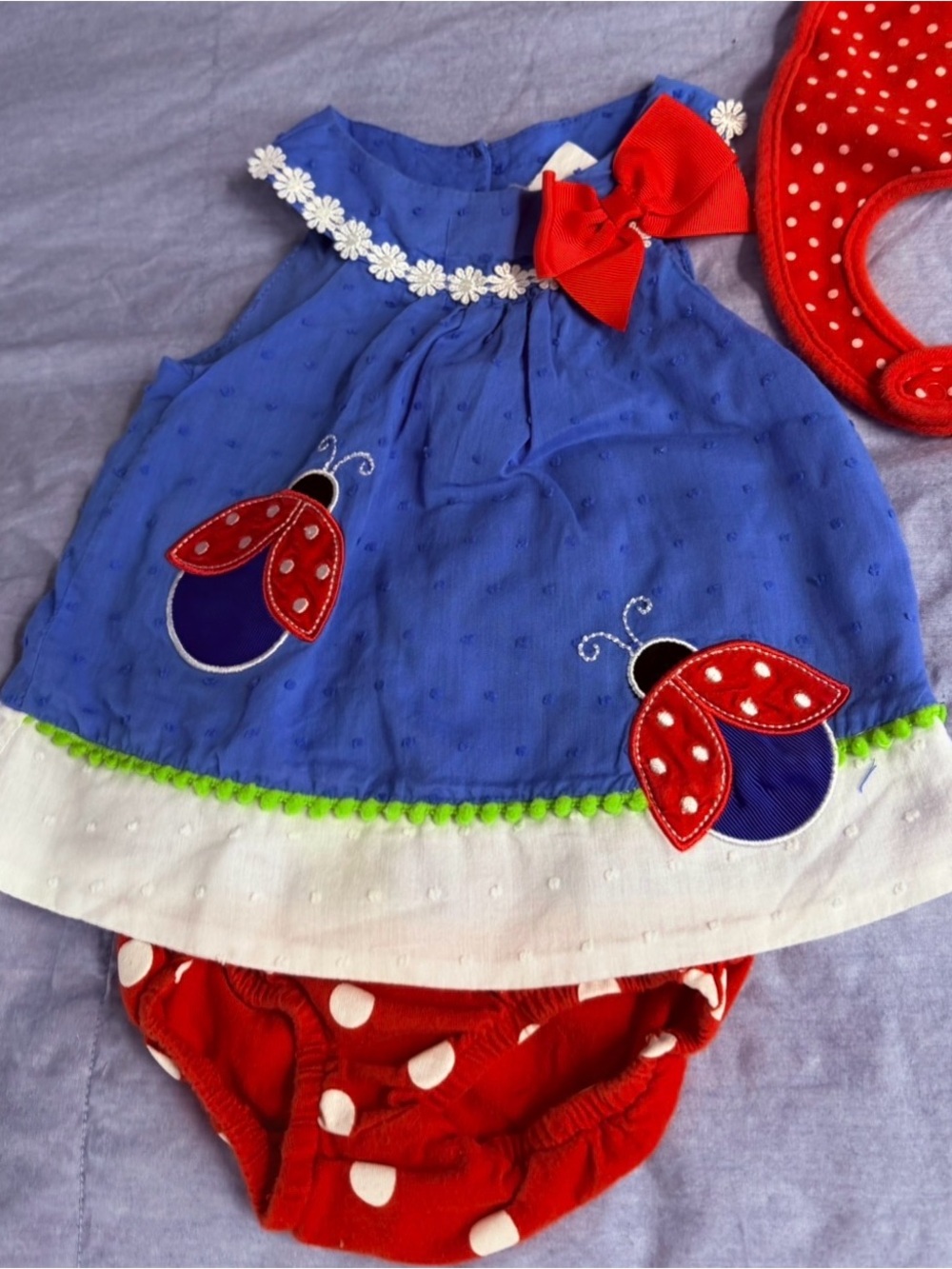 Blue Baby Dress with Red Ladybug Appliqués, 3-6 mos